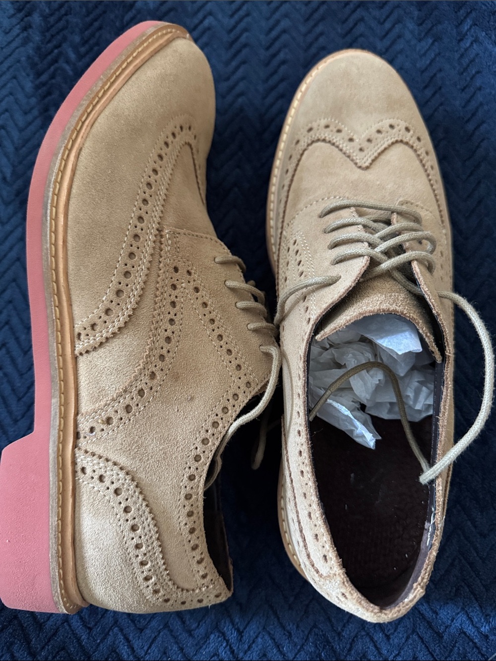 NWT! Cole Haan Men's Suede Wingtip Oxfords in Beige with Pink Sole